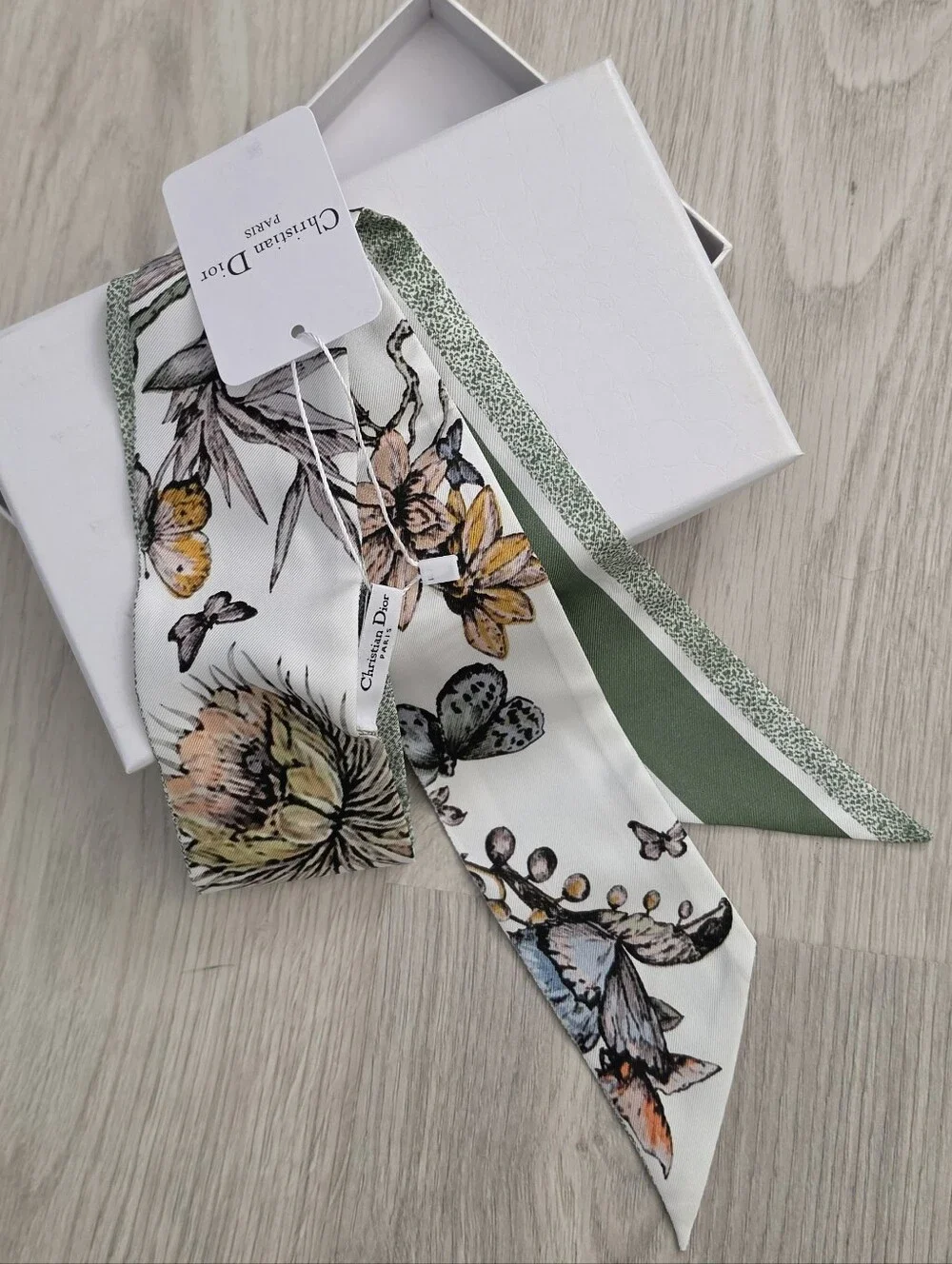 Dior Green and White Floral Silk Neck Scarf